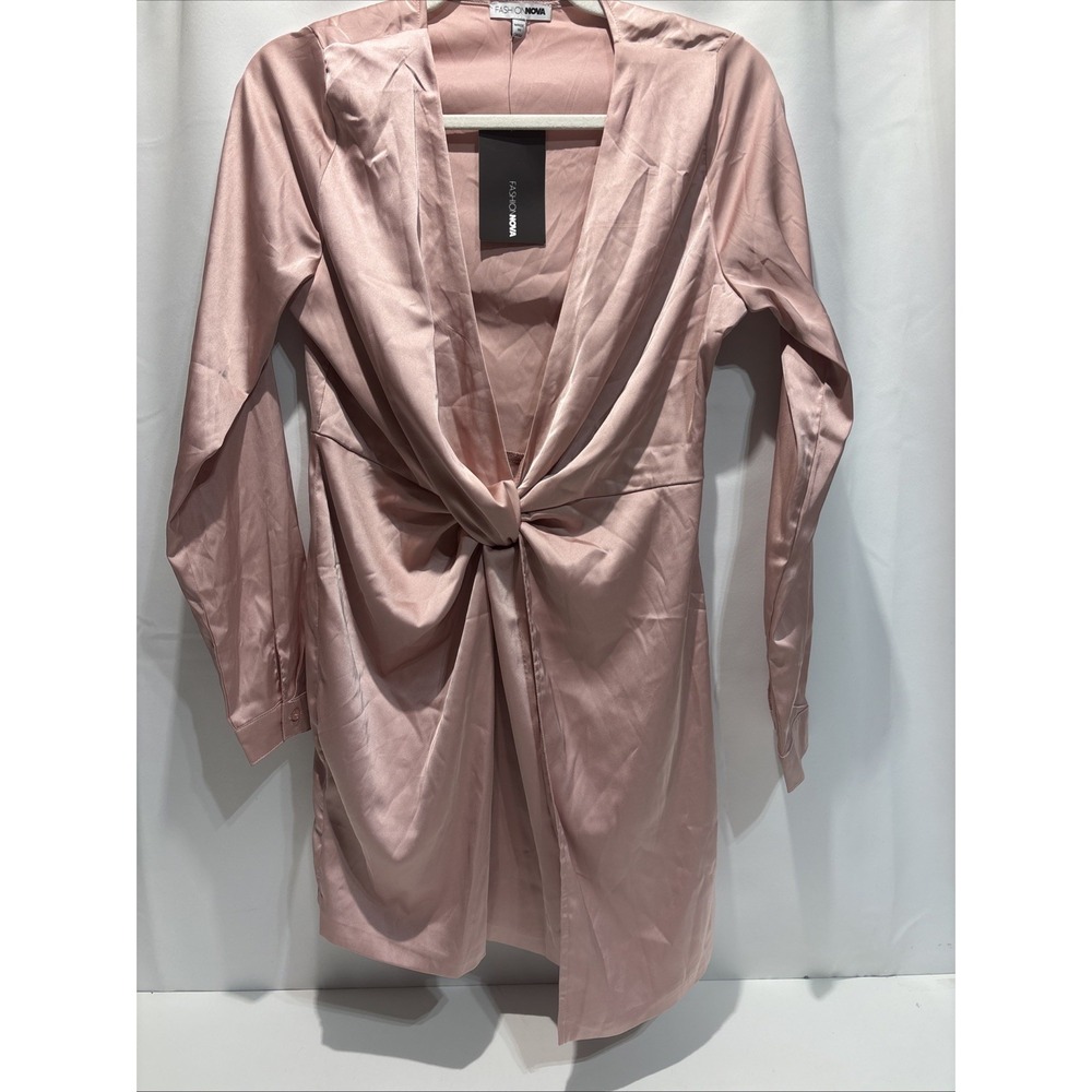 Fashion Nova Dress‎ Womens Medium Pink Wrap Ruched Bodycon Long Sleeve